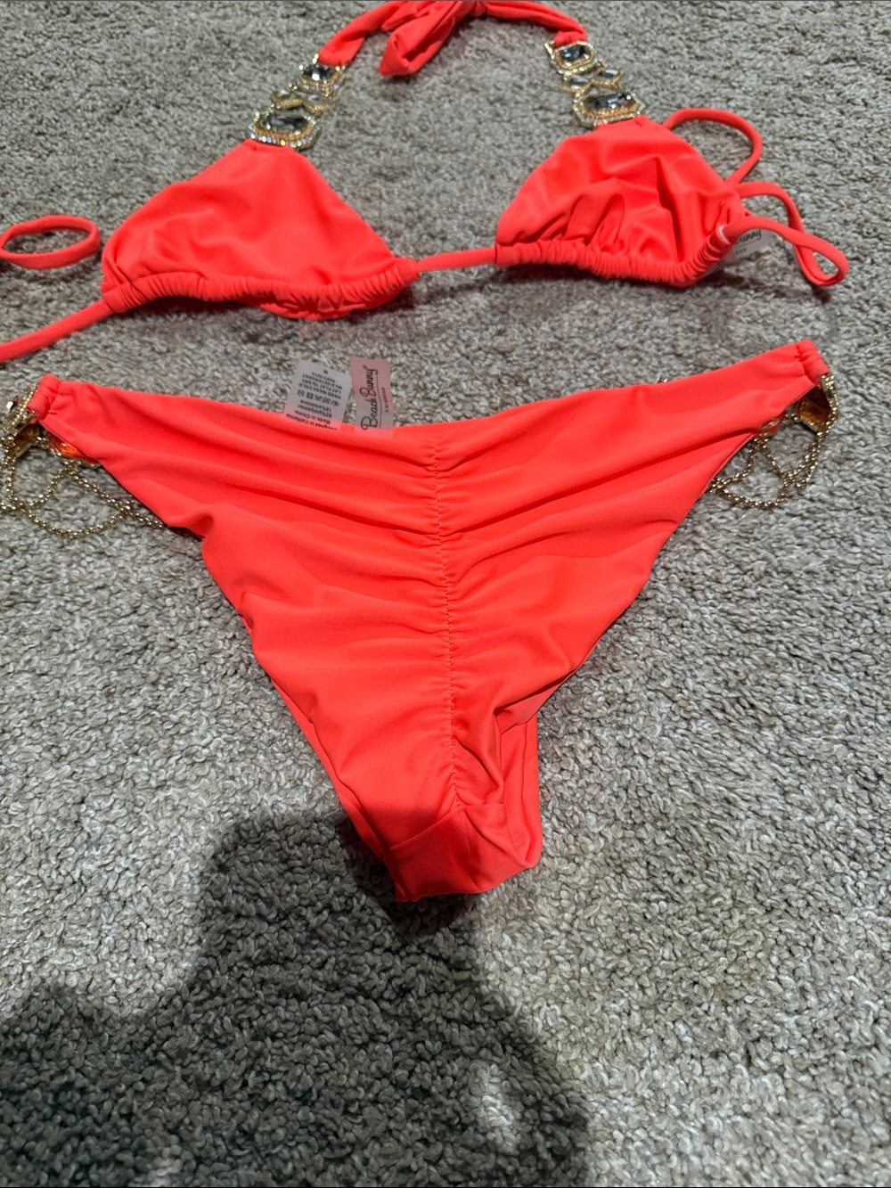 Beach Bunny Neon Coral Triangle Bikini with Gold Embellishments - Picture 8 of 12